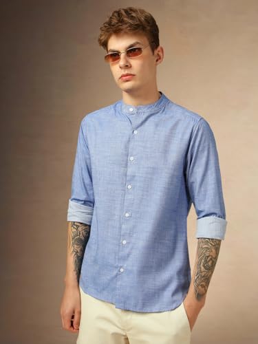 Dennis Lingo Men Slim Fit Cotton Full Sleeves Solid Formal Shirts Blue