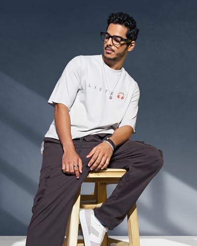 Bewakoof MenS Typography 100% Cotton T-Shirt - Oversized Fit, Round Neck, Half Sleeves White
