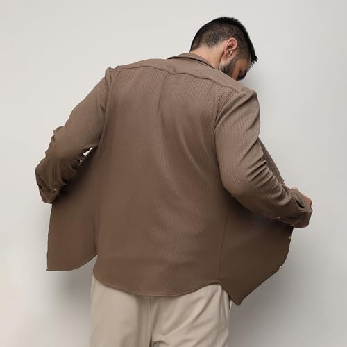 Campus Sutra Mens Tan Brown Stripe-Creased Shirt for Casual Wear | Spread Collar | Long Sleeves | Button Closure | Shirt Crafte