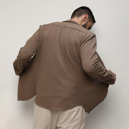 Campus Sutra Mens Tan Brown Stripe-Creased Shirt for Casual Wear | Spread Collar | Long Sleeves | Button Closure | Shirt Crafte