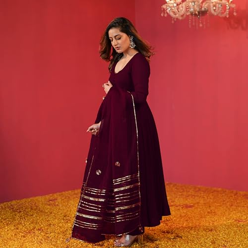 GoSriKi Women's Anarkali Kurta Set with Pants & Dupatta, Medium, Wine, Model JAYNTI RED-GS