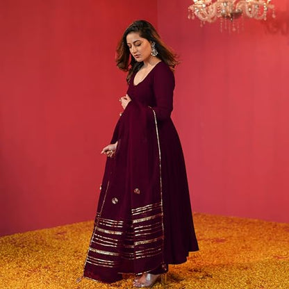 GoSriKi Women's Anarkali Kurta Set with Pants & Dupatta, Medium, Wine, Model JAYNTI RED-GS