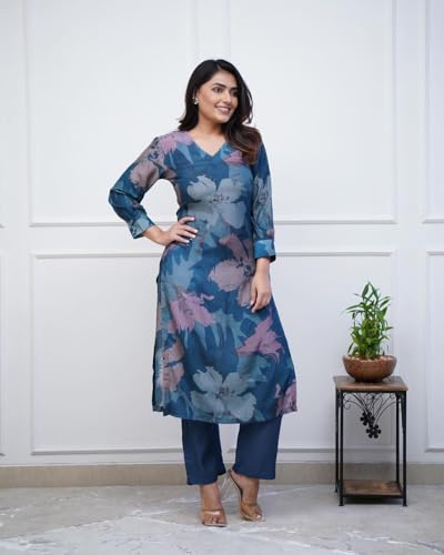 GoSriKi Women's Chanderi Printed Straight Kurta with Trousers, 4XL, Dark Blue, Model KITIMAT CEROSIN-GS