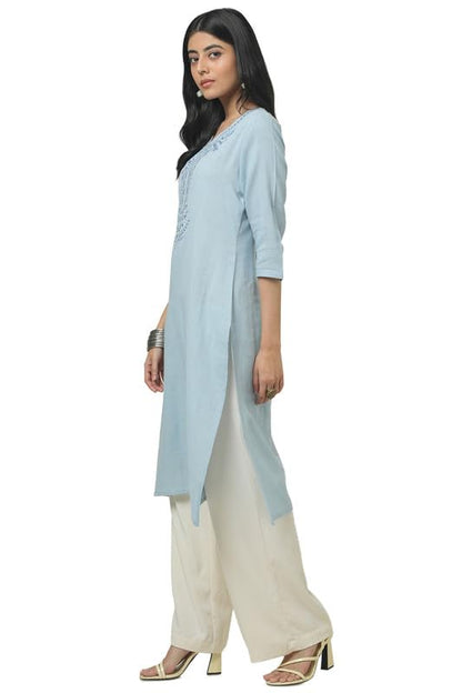 Soch Womens Powder Blue Cotton Embroidered Kurta With Thread Work