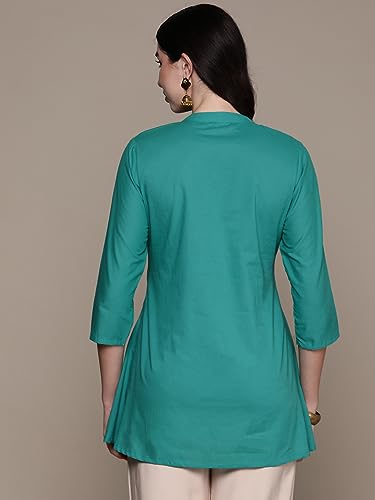anubhutee Women's Pure Cotton Embroidered Turquoise Blue Straight Kurti