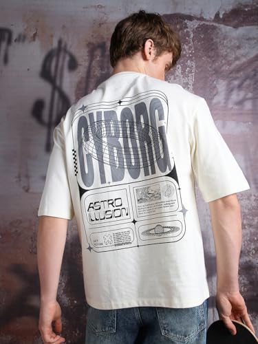 Hubberholme Men Printed Oversized Round Neck Half Sleeves Tshirts 35 Off-White