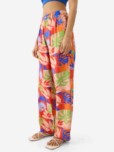 The Souled Store Leafy Charm Women and Girls Multicolor All Over Printed Viscose Straight Fit Pants Loose Fit Wide Pants for Eve