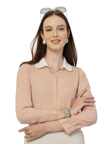 Style Quotient Women Nude and White Solid Polyester Formal Shirt