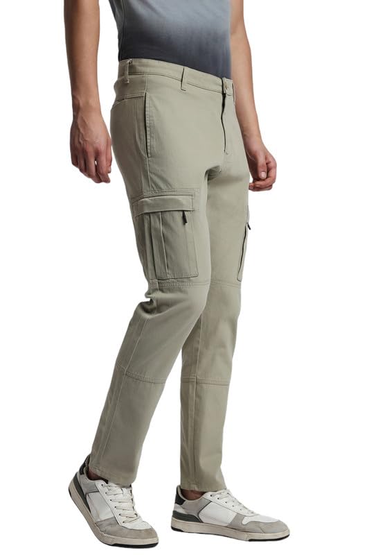 Dennis Lingo Mens Cotton Lycra Full Length Solid Slim Fit Cargo Trousers Dusty Green