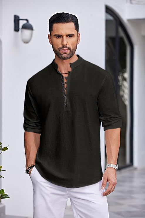 Royalscout MenS Solid Cotton Blend Straight Kurta Shirt | Regular Fit Full Sleeve Short Kurta Black
