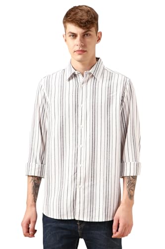 Dennis Lingo Men White 100% Cotton Full Sleeve Spread Collar Stripes Shirts