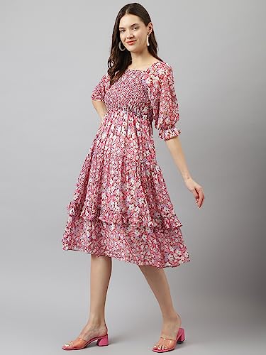 Toochki WomenS Pink Georgette Floral Tiered Western Knee Length Dress A Line Suitable In Summer Wear Latest Trendy Midi Dress