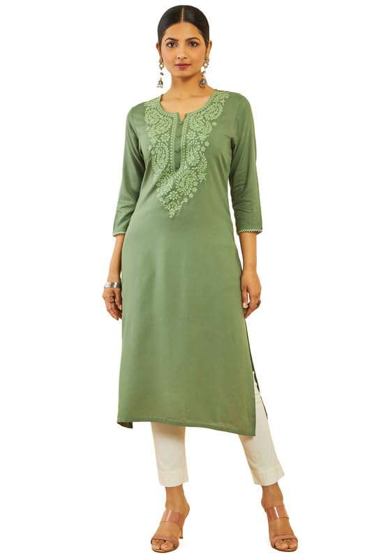 Soch Womens Earth Rayon Paisley Embroidered Straight Kurta
