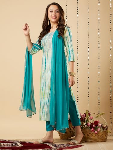 GoSriKi Womens Rayon Blend Straight Printed Kurta with Pant & Dupatta (Tiedye-RAMA Blue-NE-GS_L_Blue_Large)