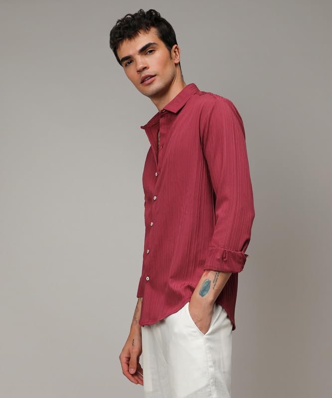 Campus Sutra Mens Blush Red Self-Design Striped Shirt for Casual Wear | Spread Collar | Long Sleeve | Button Closure | Shirt Cr