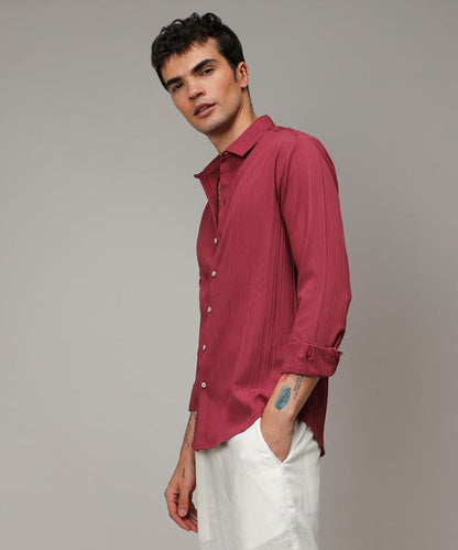 Campus Sutra Mens Blush Red Self-Design Striped Shirt for Casual Wear | Spread Collar | Long Sleeve | Button Closure | Shirt Cr