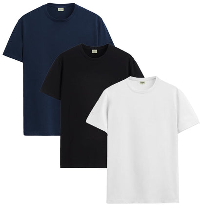 ADRO Men's Solid Regular Fit T-Shirt (RCM3-PLN-NB-BL-WH_Navy,Black,White