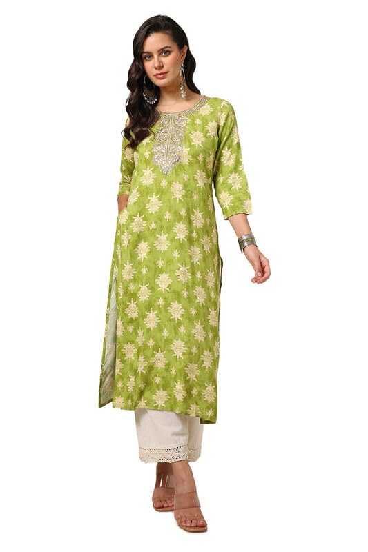 Soch Womens Olive Rayon Botanical Print Kurta with Gotta Patti