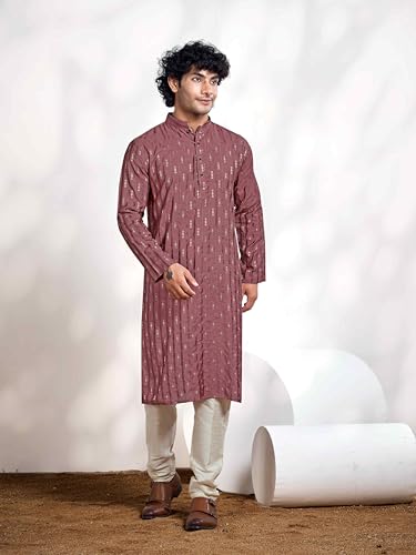 Vardha MenS Viscose Woven Jacquard Stitched Kurta, Pink Linear Striped & Diamond Jacquard Kurtas For Men, Mandarin Collar, Anti