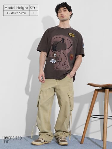 The Souled Store Peanuts: Motorsports Men and Boys Short Sleeves Round Neck Brown Graphic Printed Cotton Oversized T-Shirts
