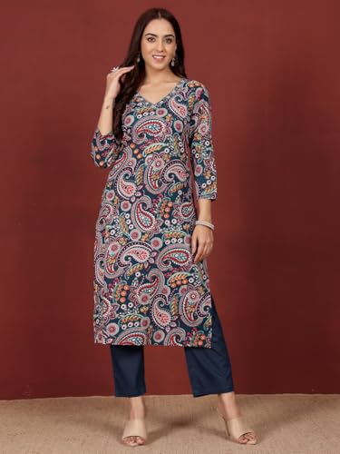 Varanga Women Paisely Printed Sequin Embroidered V Neck Kurta Blue