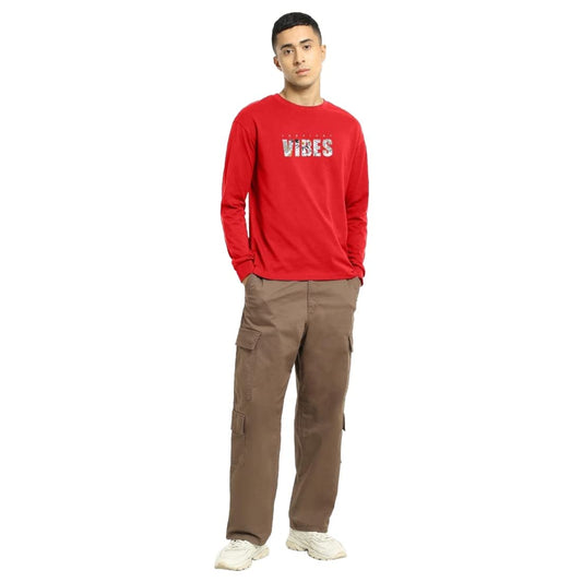 Bewakoof Mens Typography 100% Cotton T-Shirt- Red, Oversized Fit, Round Neck, Long Sleeve