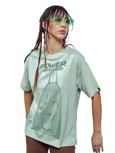Bewakoof Womens Graphic Print Oversized Fit Half Sleeve Round Neck Cotton Blend T-Shirt_620618_Green_3XL