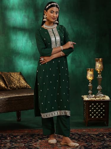 Libas WomenS Silk Blend Self Design Kurta Set (48679_Green