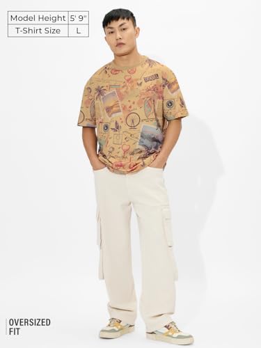 The Souled Store Explorer Men And Boys Short Sleeves Round Neck Brown All Over Printed Cotton Oversized T-Shirts