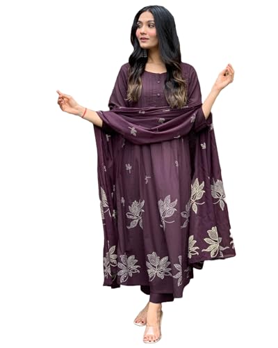 GoSriKi Womens Rayon Blend Anarkali Printed Kurta with Pant & Dupatta (Gangori Wine-GS_3XL_Wine_XXX-Large)