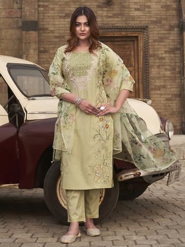 Womanista Women's Cotton Blend Solid Straight Embroidered Kurta Set