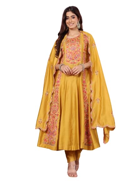 Varanga Women Mustard Pure Hand Embroidered Kurta Set With Dupatta