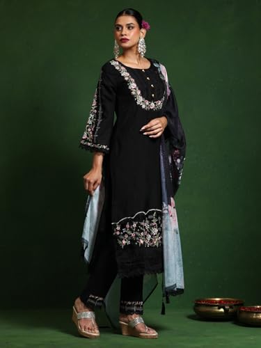 Varanga Women Floral Heavy Thread Embroidered Schffili Hem Kurta With Trouser & Dupatta
