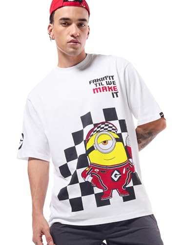 Bewakoof Official Minions Merchandise Mens Graphic Printed Oversized Fit Half Sleeve Round Neck Cotton Jersey T-Shirt_642110_Wh