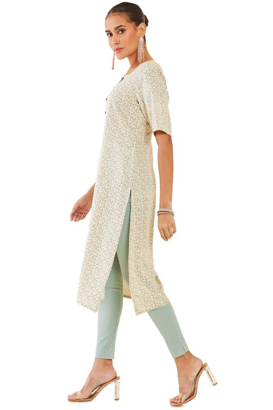 Soch Women Light Yellow Rayon Straight Kurta With Floral Print