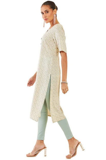 Soch Women Light Yellow Rayon Straight Kurta With Floral Print