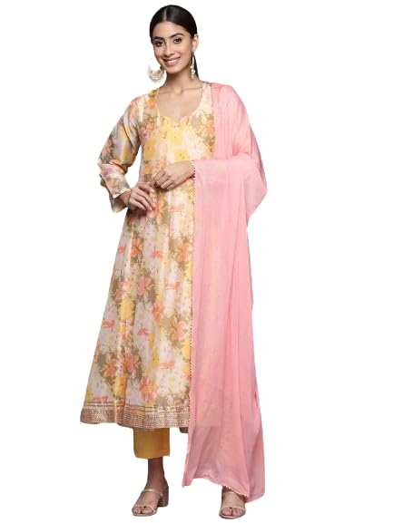 Varanga Women Yellow Floral Printed Round Neck Anarkali Kurta Paired with Tonal Bottom and Contrast Dupatta with Triangular Lace