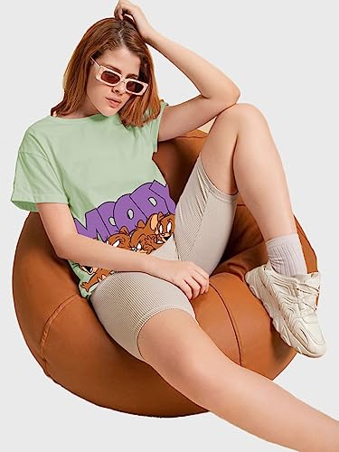 Bewakoof Tom & Jerry X Merchandise Womens Moody Jerry Graphic Print Cotton T-Shirt- Boyfriend Fit, Round Neck, Half Sleeves 585