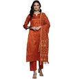 Varanga WomenS Rust Round Neck Woven Design Gotta Embellished Straight Kurta Paired With Bottom And Dupatta