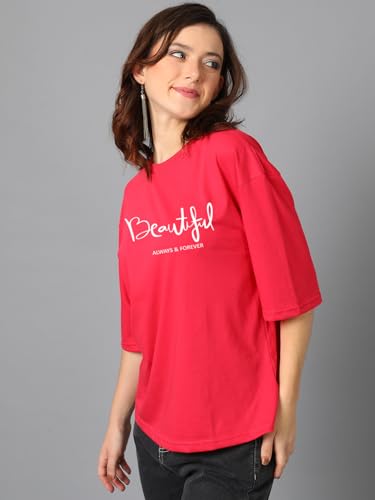 KOTTY Womens Printed, Typography Round Neck Cotton Blend 3/4 Sleeve T-Shirt(Red,XL)