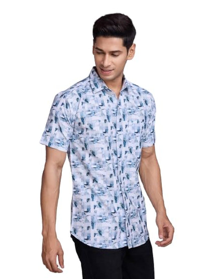 Pinkmint Stylish Shirt for Men ll Printed Half Sleeve Shirts ll Regular Fit Chest Pocket Shirt Light Blue