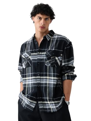 The Souled Store Plaid Shirt: Steel Men and Boys Long Sleeves Collared Neck Button Front Regular Fit Cotton Utility Shirts