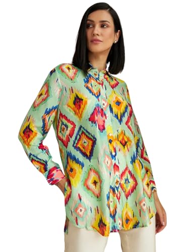 Leriya Fashion Womens Rayon Ikat Printed Casual Shirt Tops for Women Long Cuff Sleeves Collared Neck Button Down Tunic for Outi
