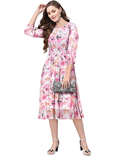 Toochki WomenS Pink Georgette Floral Fit & Flared Western Dress | Dress For Women | A Line Dress | Winter Dress | Western Dress