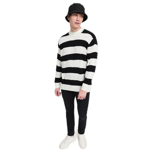 Bewakoof Mens Striped Black Mock Neck Full Sleeve Oversized Sweater