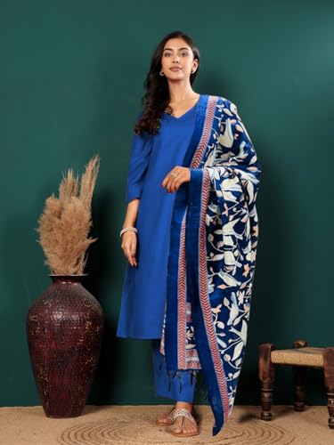 Varanga Women V Neck Straight Kurta With Pants & Dupatta