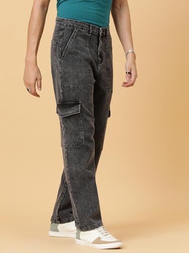 KOTTY Mens Solid Mid Rise Straight Fit Stylish Looking Cargo Jeans(Grey,34)
