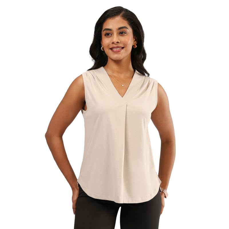 BlissClub Cotton Pro Sleeveless Work Top | Shoulder Pleats | V-Neck Design | Cotton-Poly-Modal Blend | Breathable Fabric | Moist