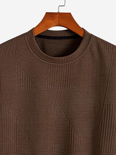Greciilooks T Shirt For Men Cotton | Textured Oversized Fit Man T-Shirt | Round Neck Half Sleeve Men T-ShirtS Brown