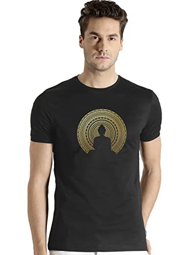 ADRO Men's Budha Gold Printed Cotton T-Shirt (RN23-GL-BUD-BL_Black_XL)